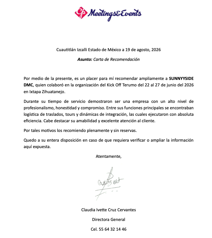 Recommendation letter for Sunnyside DMC Services